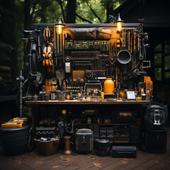 Fototapeta premium bicycle repair station with tools, spare tires, and a bike stand. The neatly organized tools and spare parts create an inviting setup for cyclists to maintain their bikes, highlighting the mechanical 