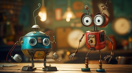 Whimsical and mischievous animated robots engaging in playful antics