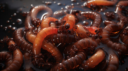 Fresh alive worms in wet background with water. Shot top down view. Photography for a magazine and commercial advertising - obrazy, fototapety, plakaty