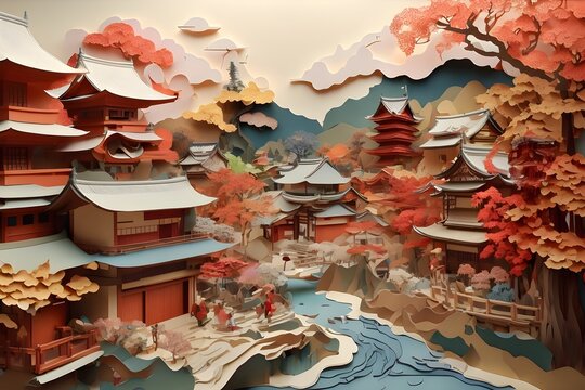 Japan Village Paper Art landscape with red pagoda, lake, mountains.