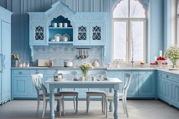 Fototapeta na wymiar Details of cozy well designed teal-blue and white modern kitchen interior
