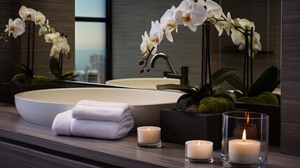 a modern bathroom countertop, a mirror surrounded by beautiful flowers, burning candles, towels, and various toiletries in a minimalist, stylish composition.