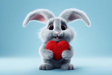 Valentine's day card with Kawaii bunny. Rabbit cartoon collection. Small lovely rabbit holds love heart