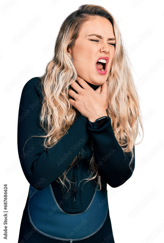 Wall mural Young blonde woman wearing diver neoprene uniform shouting suffocate because painful strangle. health problem. asphyxiate and suicide concept.