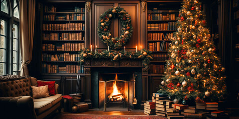 Living room library with books and fireplace, decorated with wreath and Christmas tree, interior home design, wide banner