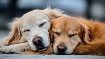 A cozy scene of two sleepy dogs lying together, portraying the adorable and comforting nature of pets