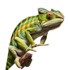 Fototapeta premium Chameleon on Branch. Isolated on a Transparent Background. Cutout PNG.