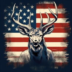 Deer with big antlers on the background of the American flag. Retro photo. AI generated.