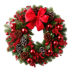 Fototapeta na wymiar A Christmas Wreath Isolated Symbolizing Holiday Cheer and Decoration. Isolated on a Transparent Background. Cutout PNG.