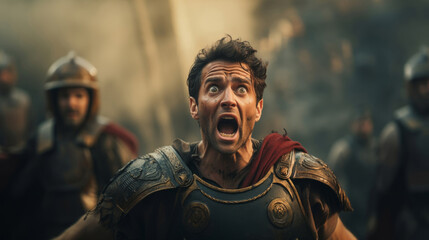 Shocked roman soldier or gladiator, comical. Ancient Rome concept. - obrazy, fototapety, plakaty