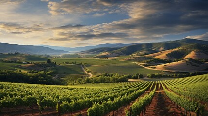 A sprawling vineyard with rows of grapevines stretching towards the distant hills.