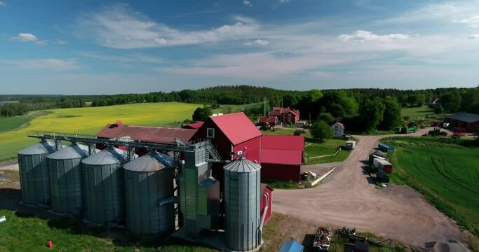 Aerial Beautiful View Small Factory On Green Landscape, Drone Flying Forward During Sunny Day - Mariefred, Sweden
