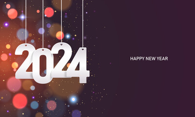 Happy new year 2024. Hanging white paper number with confetti on a colorful blurry background.
