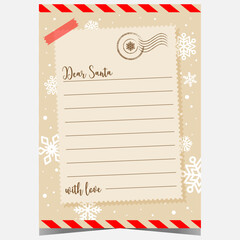 Christmas letter template to Santa with snowflakes in the background. Christmas wish list or postcard for kids to write a message of congratulation to Santa Claus and sent it to the North Pole.