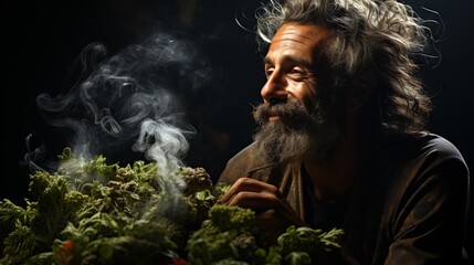 elderly man uses cannabis, illegal narcotic substances made from hemp. Concept: Underground distribution, illegal activities - obrazy, fototapety, plakaty