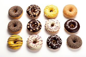 Set of 12 different colorful donuts isolated on white background. In glaze, with chocolate, with sprinkles, toppingt. View from above.