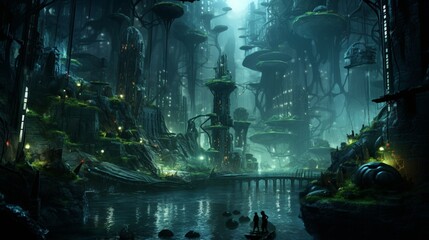 A subterranean city with bioluminescent plants lighting up the underground streets.
