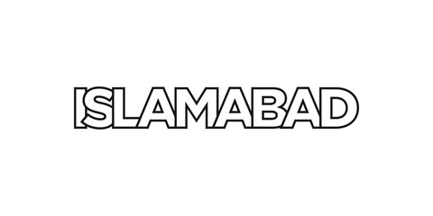 Islamabad in the Pakistan emblem. The design features a geometric style, vector illustration with bold typography in a modern font. The graphic slogan lettering.