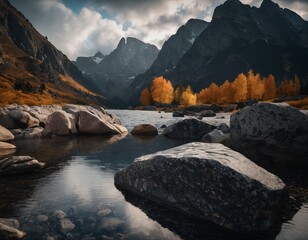 Beautiful cinematic mountain landscape with black marble and granite