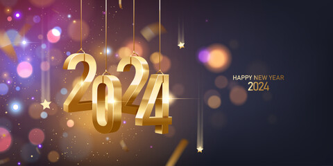Happy New Year 2024. Hanging golden 3D numbers with golden confetti on a defocused colorful, bokeh background.
 - obrazy, fototapety, plakaty