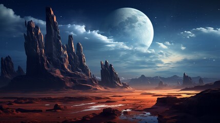 A surreal, alien desert with giant rock formations and a dual-moon-lit sky.