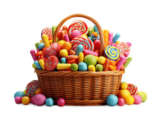 gift basket with bright, multicolor sweets lollipops and candies, isolated