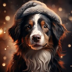 Funny dog ​​in a warm festive hat. Banner with animals on a holiday theme. Winter scene with garlands.