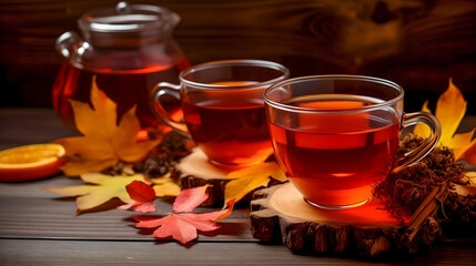 Une théière et deux tasses remplies de thé, entourées de feuilles d'arbres et d'ingrédients sur un fond en bois.