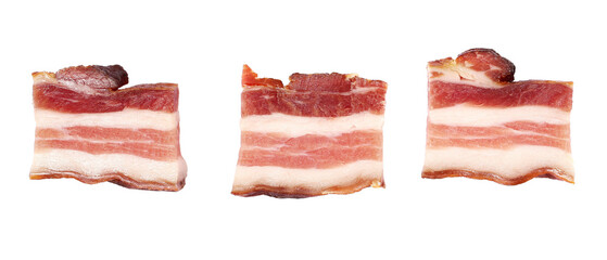 Bacon slices isolated on white background, top view, clipping path
