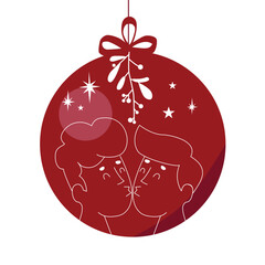 Holiday Ornament With Bow, Two Men Kiss Under A Mistletoe With White Berries And Stars to Celebrate Love, December, Holidays, New Year