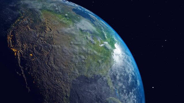 America view from space - Planet earth animation with closeup of USA continent in beautiful green and blue colours. Realistic 3d render animation