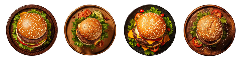 Top view of chicken burger with green salad and vegetables inside plate on transparent background....
