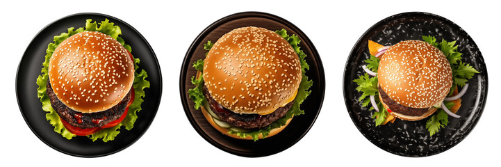 Top view of chicken burger with green salad and vegetables inside black plate on transparent background. Generative AI - Powered by Adobe