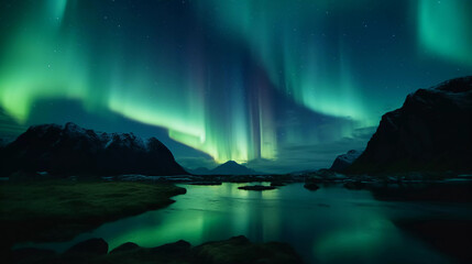 Fototapeta na wymiar Northern Lights Spectacle: Witness the Mesmerizing Dance of Aurora Borealis in Scandinavian Skies