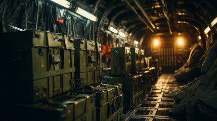 ammunition boxes in a cargo plane. ai generative - obrazy, fototapety, plakaty