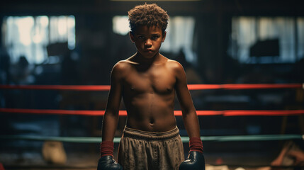 African American boy from a poor family trains in an old boxing gym. ai generative