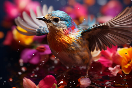 Craft a surreal photo by capturing birds in flight against a vibrant rainbow