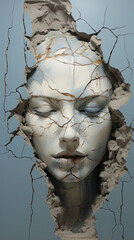 A woman's head on a cracked piece of concrete. Concept art