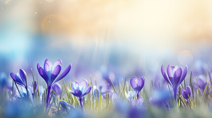 Purple crocus flowers in early spring in the garden - obrazy, fototapety, plakaty