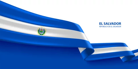 Foto op Plexiglas El Salvador 3D ribbon flag. Bent waving 3D flag in colors of the El Salvador national flag. National flag background design. © alex83m