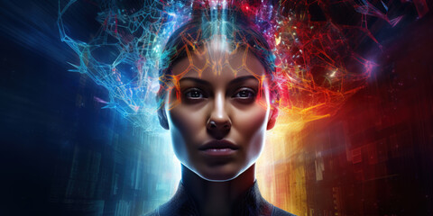 Big data and artificial intelligence concept. Machine learning and cyber mind domination concept in form of women face on dark blue technology background