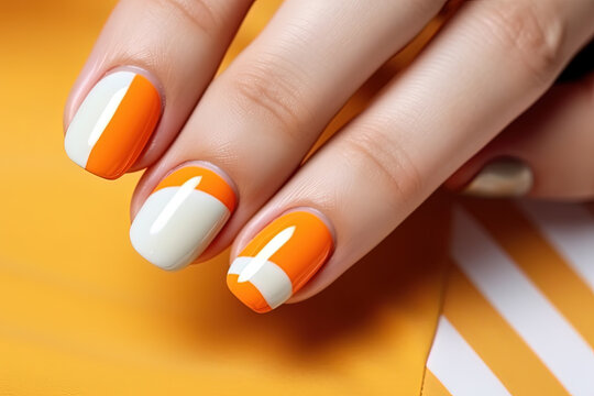 Glossy Press on Nails Short Glue on Nails with Orange and White Stripe Oval  Fake Nails Acrylic Nails Press on for Women Girls Nail Art Manicure  Decoration 24 PCS False Nails -