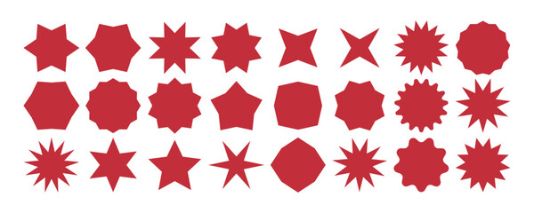 Red star-shaped price tags. Sale sticker, quality sign, sunburst frames, shopping labels, vector set