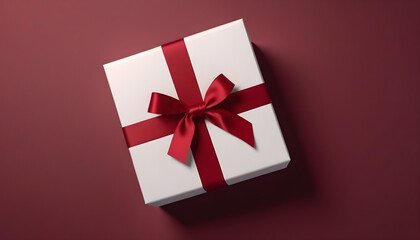 Blank white gift box top view of white present box tied with red ribbon bow isolated on dark red background 3D rendering  created with generative ai