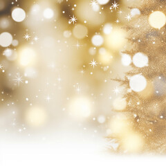 Naklejka premium Blurred winter landscape with snowflakes and fir trees branches covered with frost wonderland, bokeh light. Winter mood. Snow covered branches in winter. AI Generative