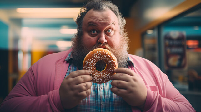 a fat man looks sadly at a beautiful donut in his hand. ai generative