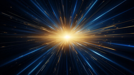 Fototapeta premium Dark blue neon light with rays of gold abstract night empty scene. ai generative