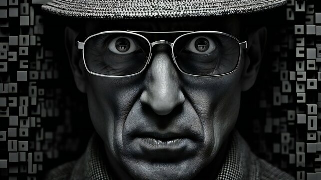 A mysterious and dark portrait of a person wearing a hat, conveying a sense of evil and retro-style horror