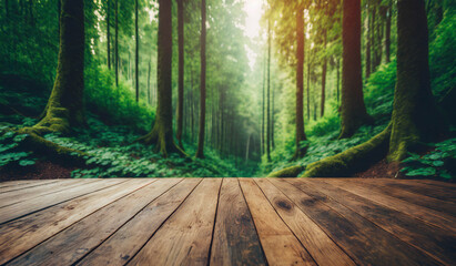Empty wooden table with green forest background