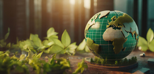 Miniature globe with nature background. Green world, save the planet concept. ai generated